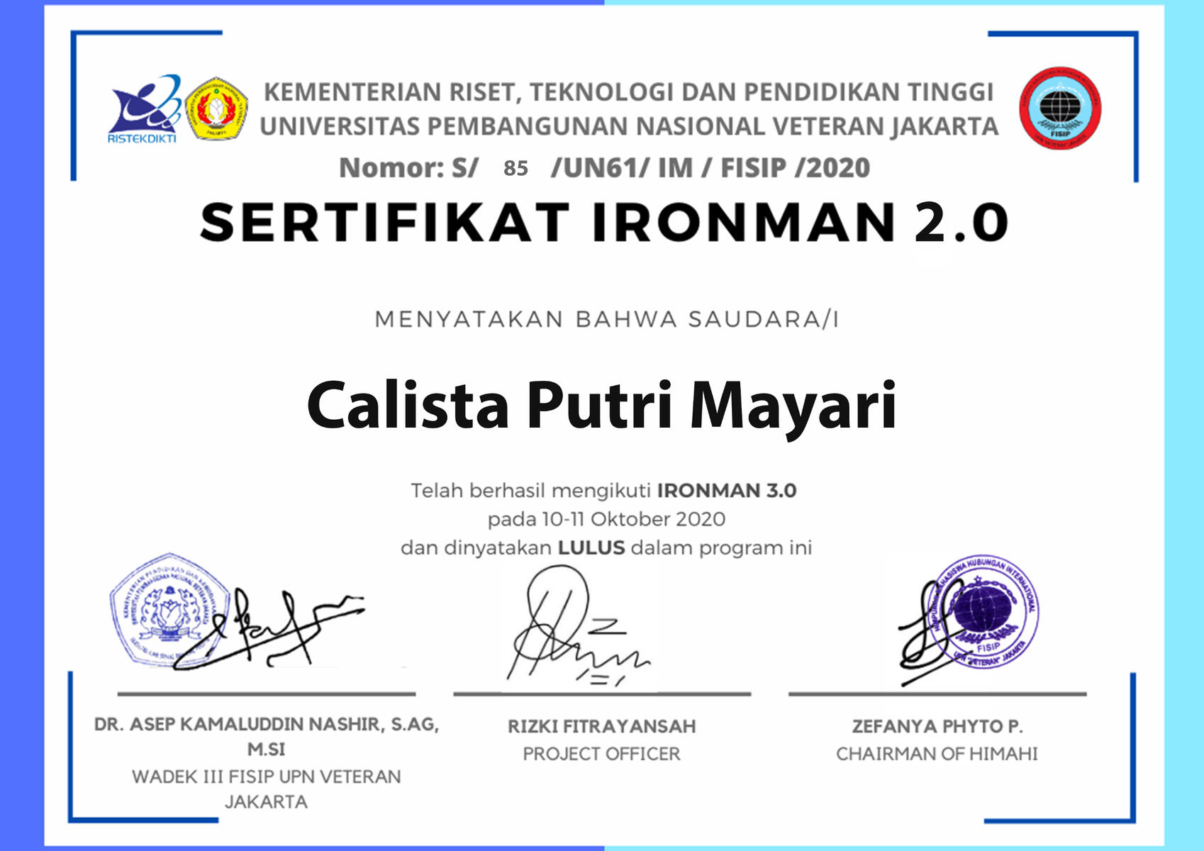 Sertifikat apresiasi partisipasi sebagai Event Staff dalam Program IRONMAN 4.0