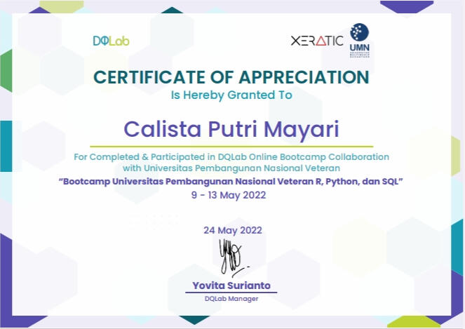 Sertifikat Bootcamp Universitas Pembangunan Nasional Veteran Jakarta R, Phyton, dan SQL