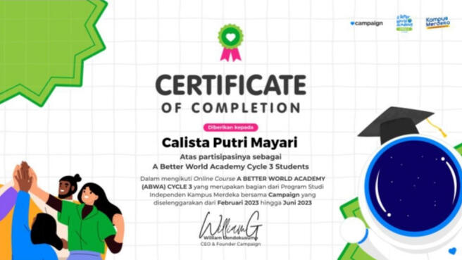 Sertifikat Studi Independen Kampus Merdeka ‘A Better World Academy Cycle 3 by Campaign.com’